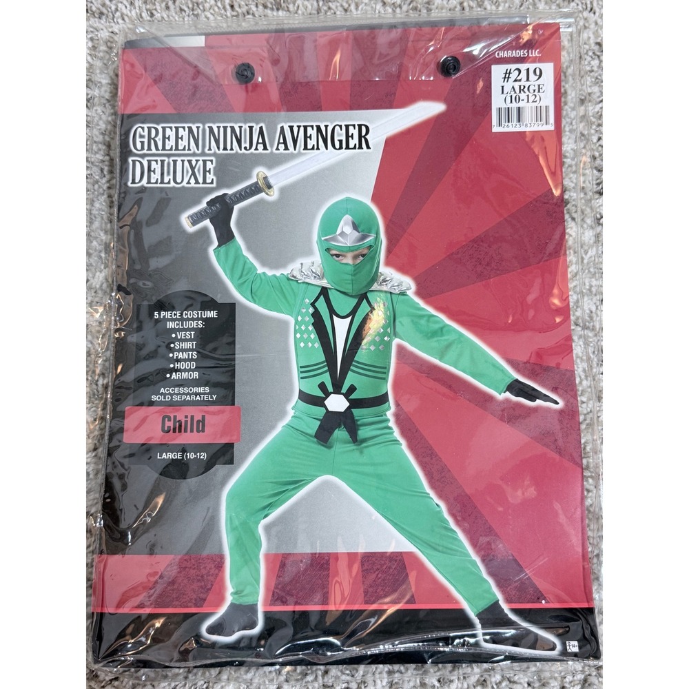 Charades Green Ninja Avenger Deluxe Costume Kids Large 10-12 5 Piece Set 219